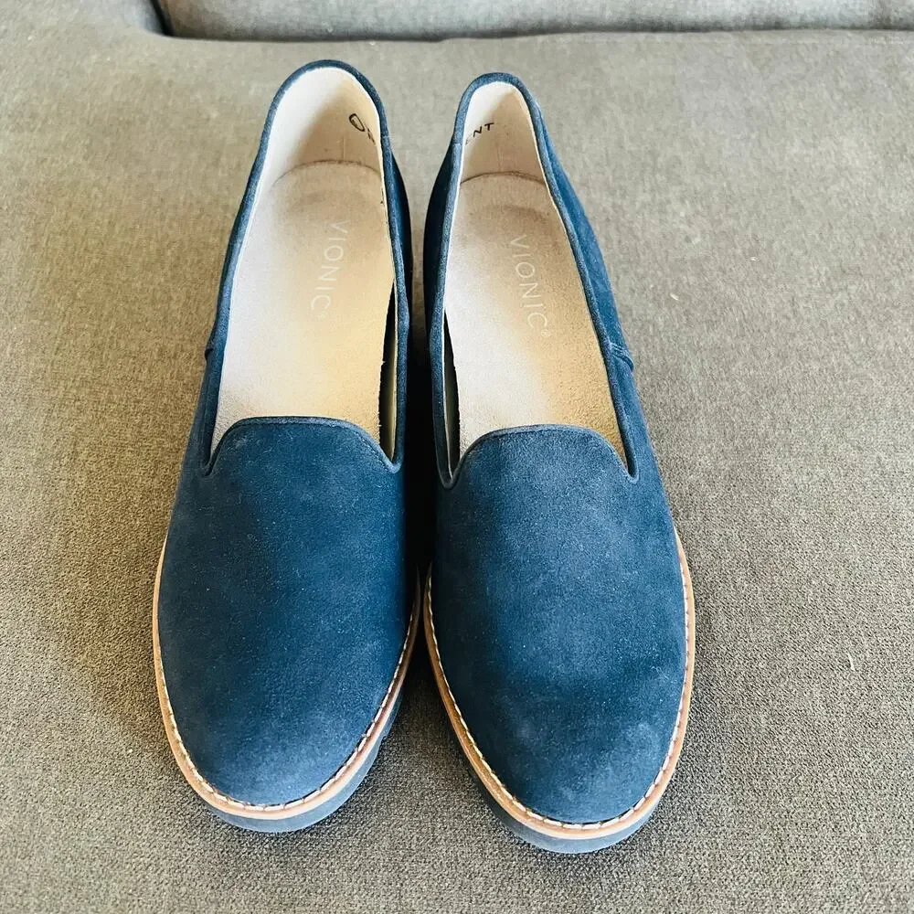 Vionic Willa Wedge Loafers 6.5 Navy Suede Lug Sole Comfort Slip On Shoes